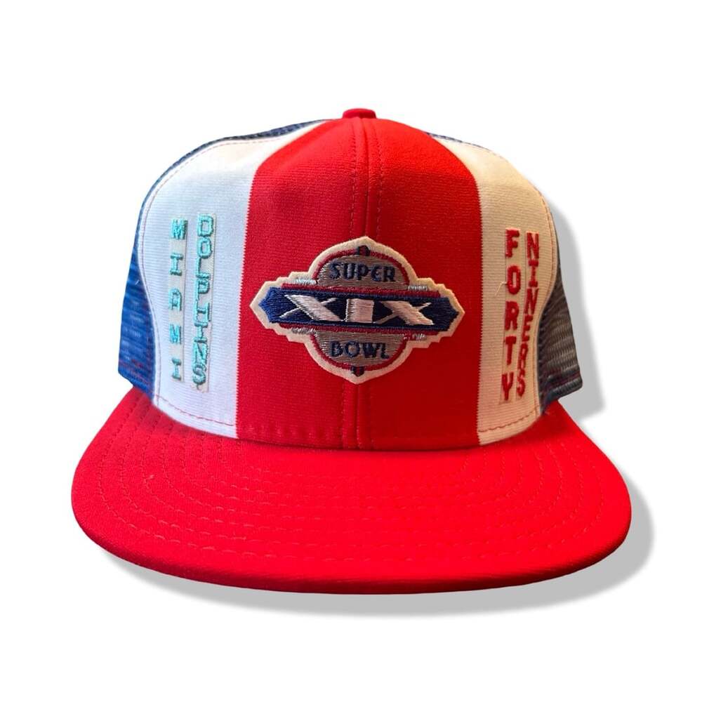 Vintage 1985 Super Bowl XIX Trucker Hat - AJD Lucky Stripes Dolphins Niners
